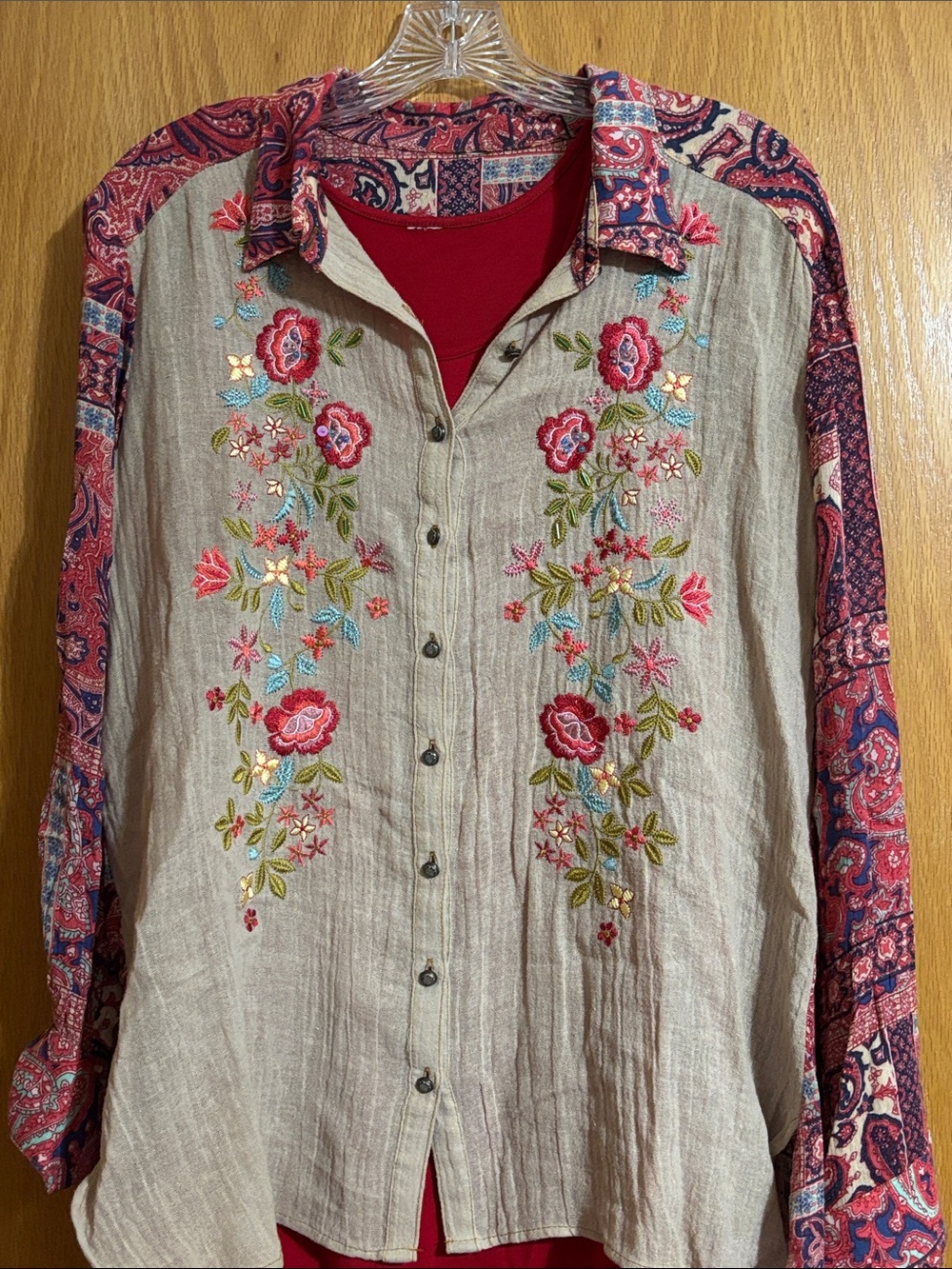 Embroidered Floral Button-Front Women’s Top - Red & Beige
